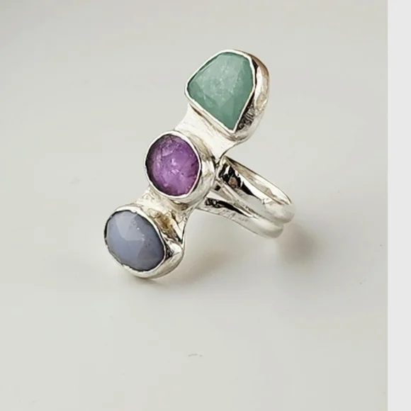 AMETHYST, AMAZONOT & LACE AGATE DOUBLE BAND HSNDMADE RING Size 6.5 - Picture 1 of 6